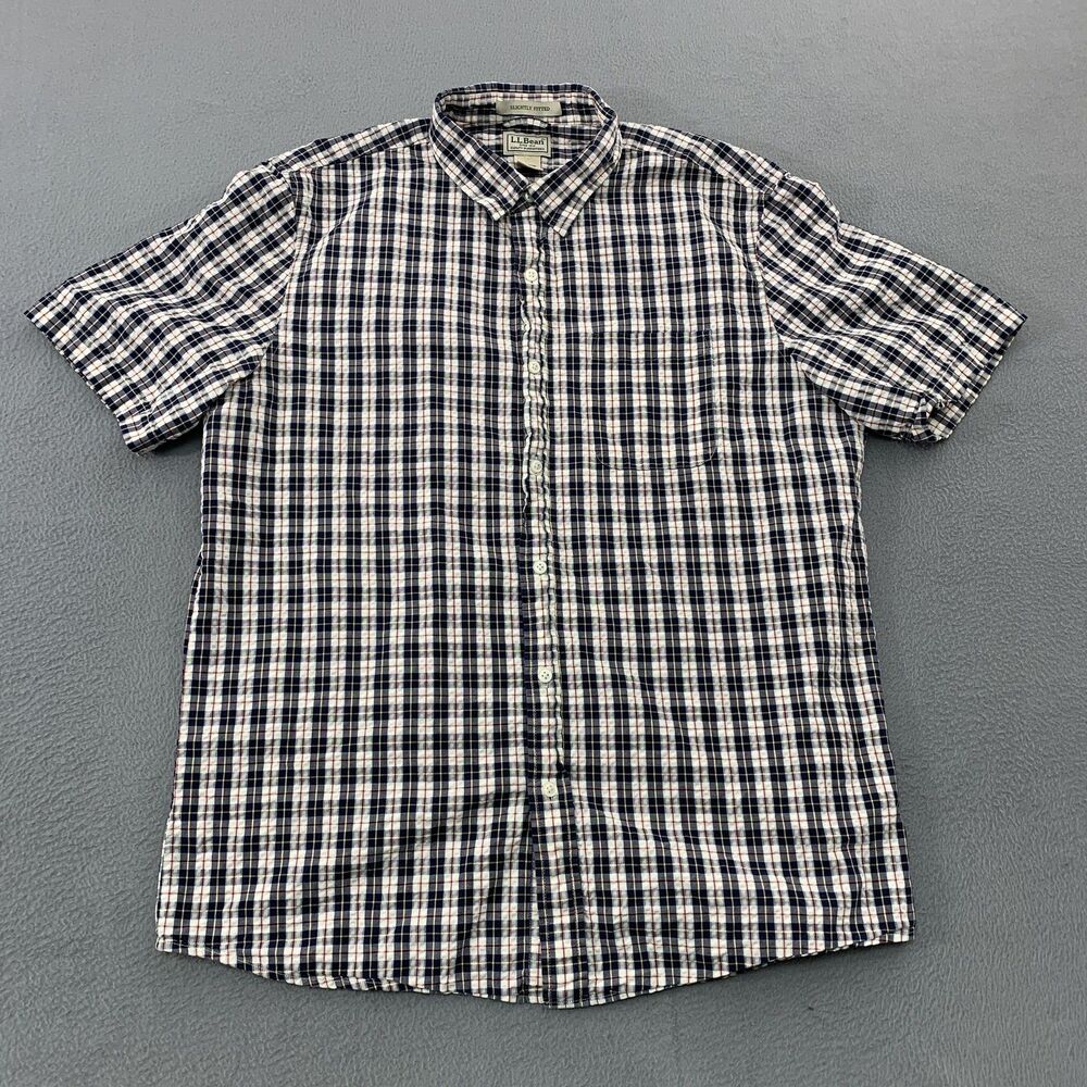 L.L.Bean Shirt Mens Large Blue Plaid Short Sleeve Seersucker Slightly Fitted